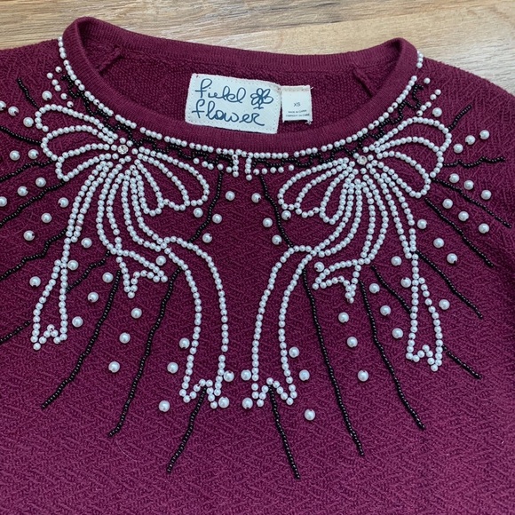 Anthropologie Field Flower Pearled Bow Embellished Sweater Size-XS - Picture 3 of 13